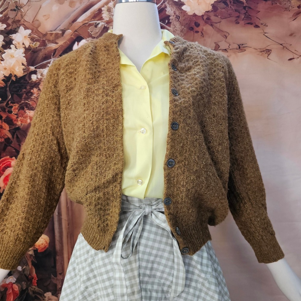 Vintage 1960's Cardigan Sweater Bronze Brown Textured Knit Earth Tone Buttons